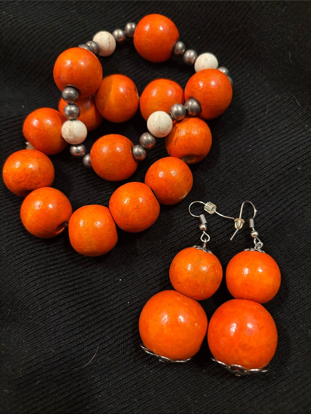 Hand Crafted Orange Bead Bracelet Duo with Matching Earrings